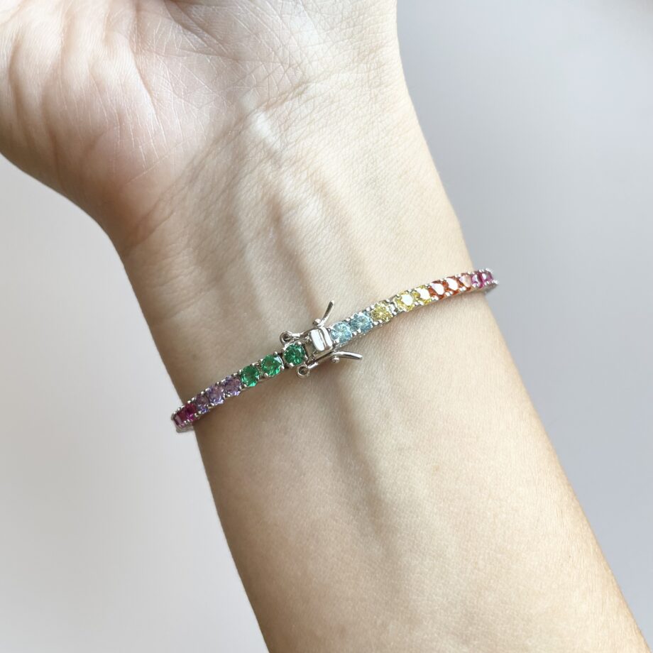 Bracciale tennis in argento con zirconi rainbow